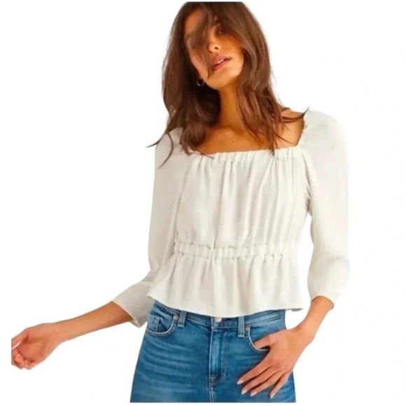 7 FOR ALL MANKIND Black Puff Sleeve Square Neckline Peplum Satin Blouse Size XL - Picture 6 of 8